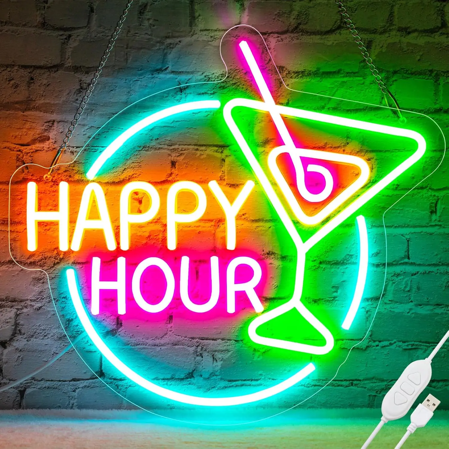 

14x12.5" Happy Hour Round Neon Sign LED Light for Home Bar Cocktails for Wall Decor Bar Pub Man Cave Party Art Cafe Shop Store