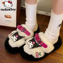 Sanrio Kuromi New Trend Fuzzy Slippers Y2k Girl Korean Fashion Thick Sole Shoes Women Cute Warm Plush Slippers Home Cotton Shoes