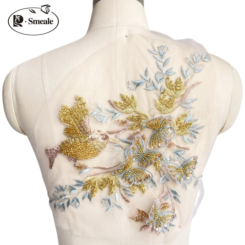 4 Farbe 31*24cm Vogel Schmetterling Zweig 3d Applikation Pailletten Rohr Perle Spitze Patch Kleid Kinder kleidung dekorative Blumen rs4228 – Detail 16