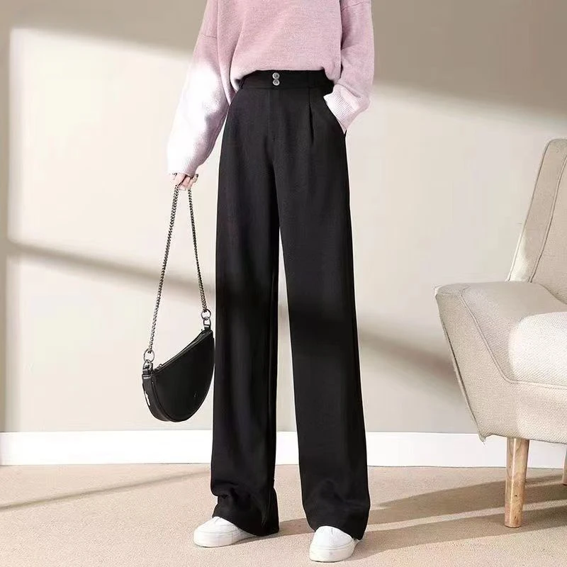 Women\'s Korean High-waisted Wide-legged Pants New Loose Straight Pants Fall Double-button Casual Suit Pants Female