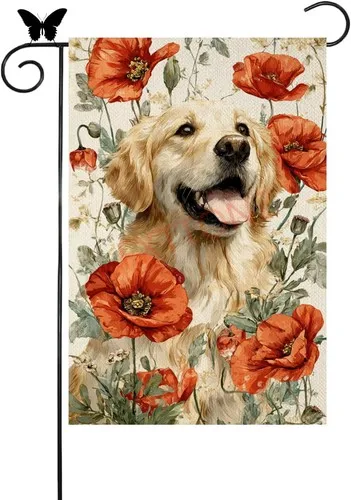 Red-Poppy House Flag Spring Summer Floral Welcome Golden Retriever, 12x18 Inch XXQ
