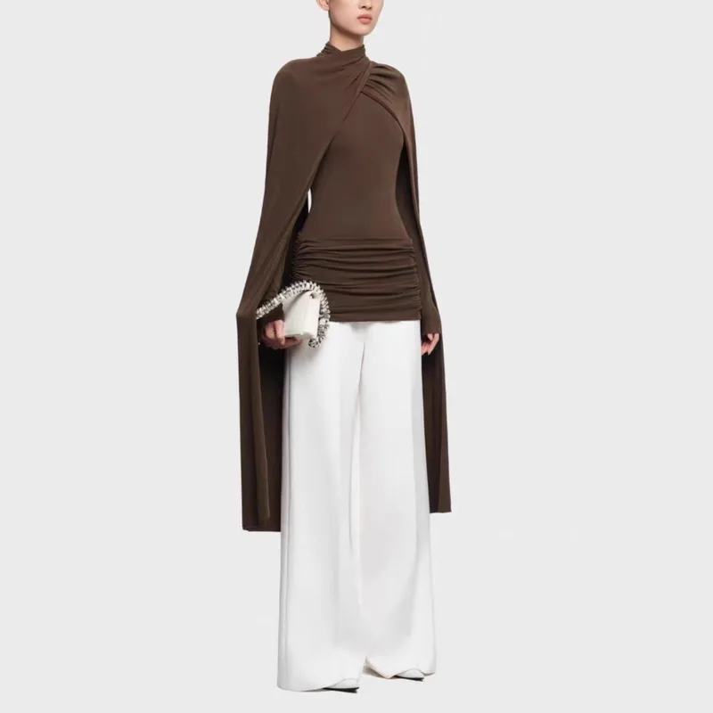 HKSH Autunno Inverno Nuove Donne T-shirt Scialle di Colore Solido High-End Vietnamese di Nicchia Design Increspato Top Casual Pantaloni a Gamba Larga HK12076