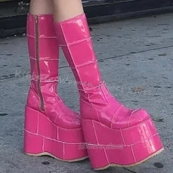 Platform Knee High Boots Genuine Leather Solid Color Fashion Novelty Sexy Concise Elegant Women Shoes New Round Toe Thick Bottom