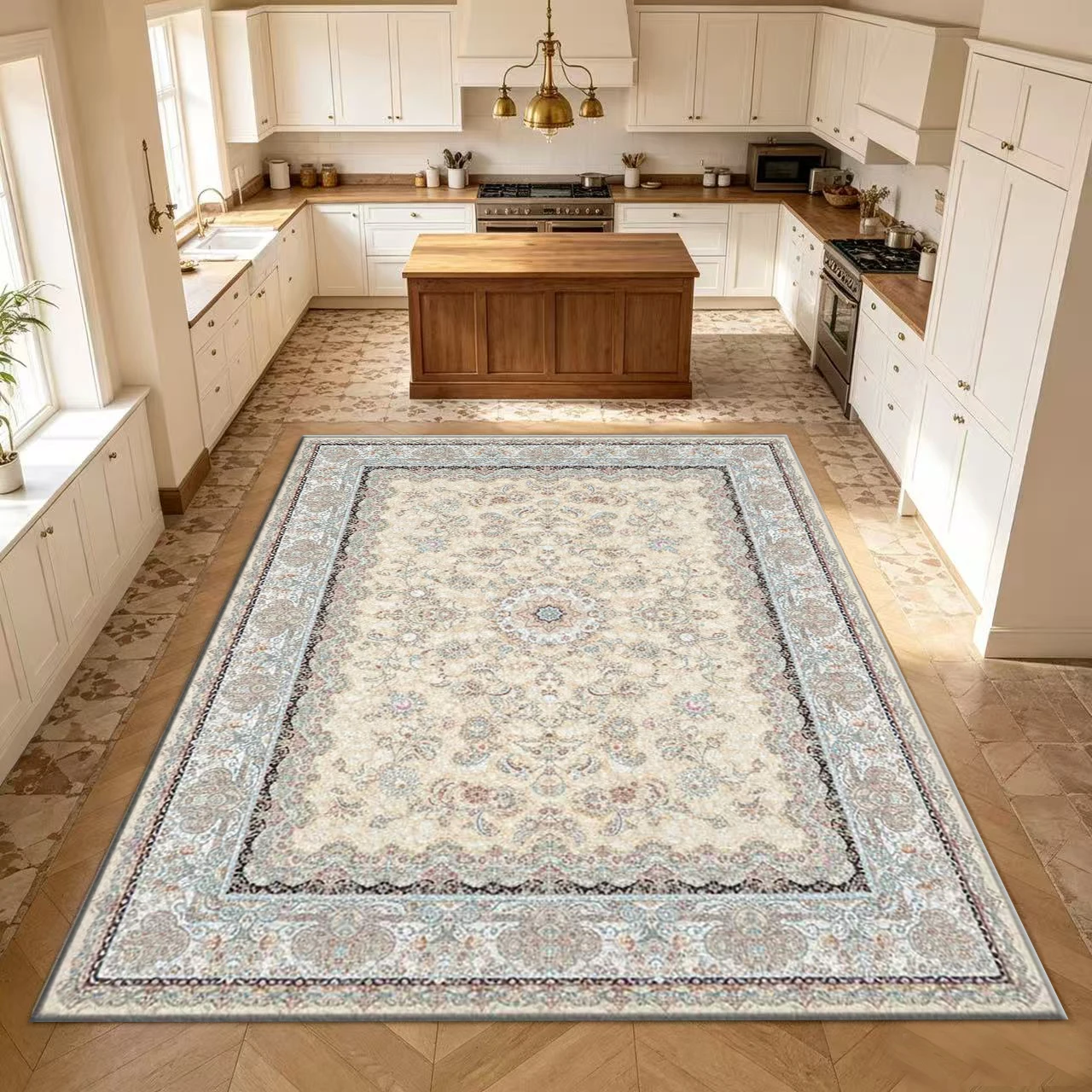 Beige Light Blue Vintage Medal Pattern Carpet Classic Oriental Carpet Floor Decoration Living Room Bedroom Carpet