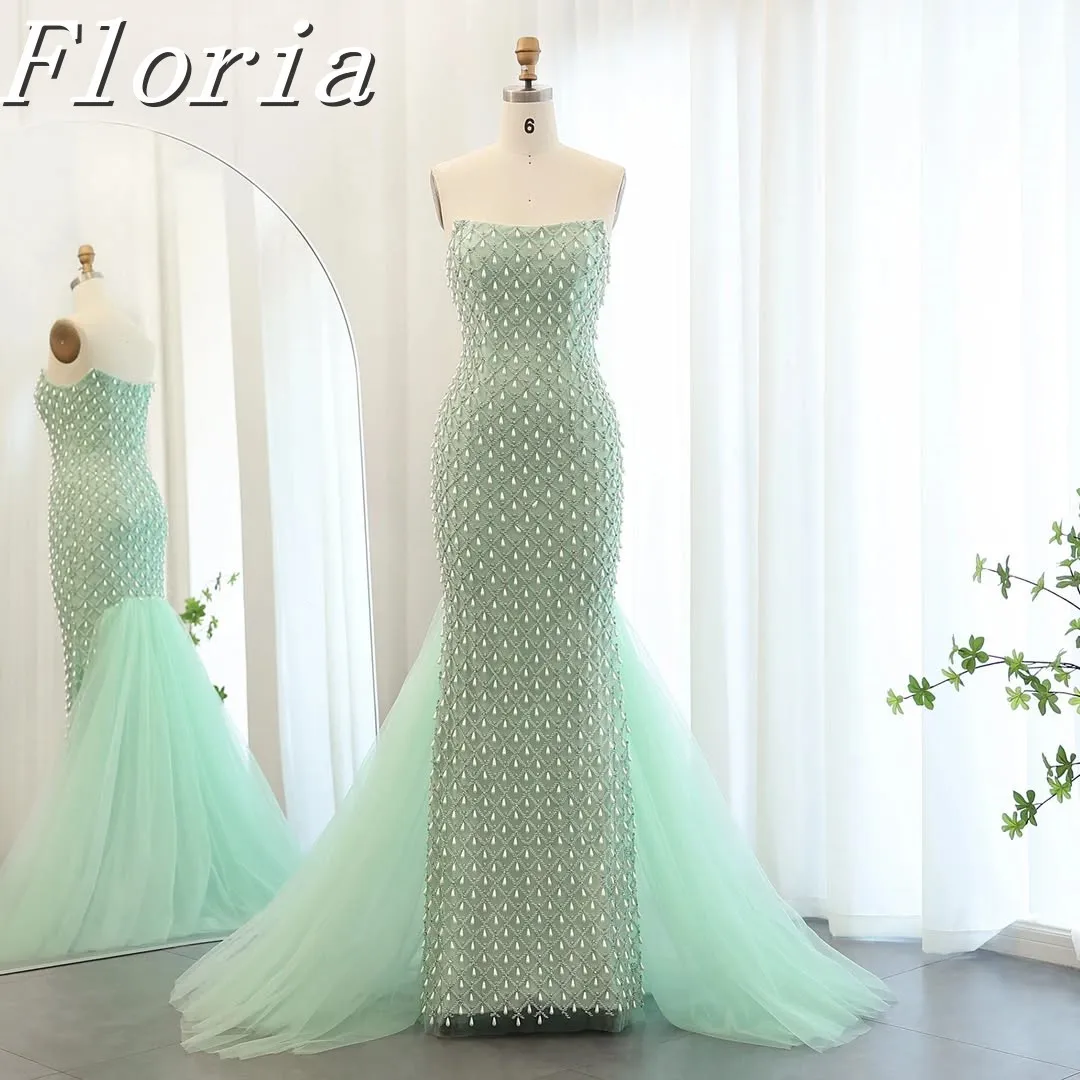 โมเดิร์น Mint สีเขียวคริสตัลไข่มุก Mermaid ชุดราตรีประดับด้วยลูกปัดปิดไหล่ชุดปาร์ตี้กวาด Tulle รถไฟที่กําหนดเอง