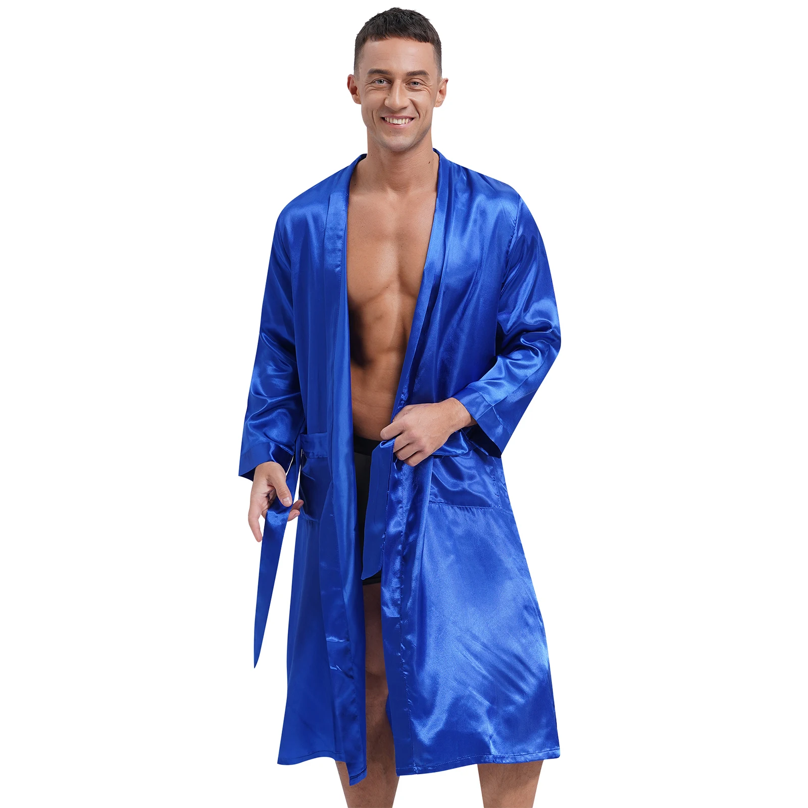 Mens Shiny Silky Satiny Bathrobe Nightwear Long Sleeve Open Front with Waist Belt Side Pockets Kimono Mid Robe Pajamas Sleepwear