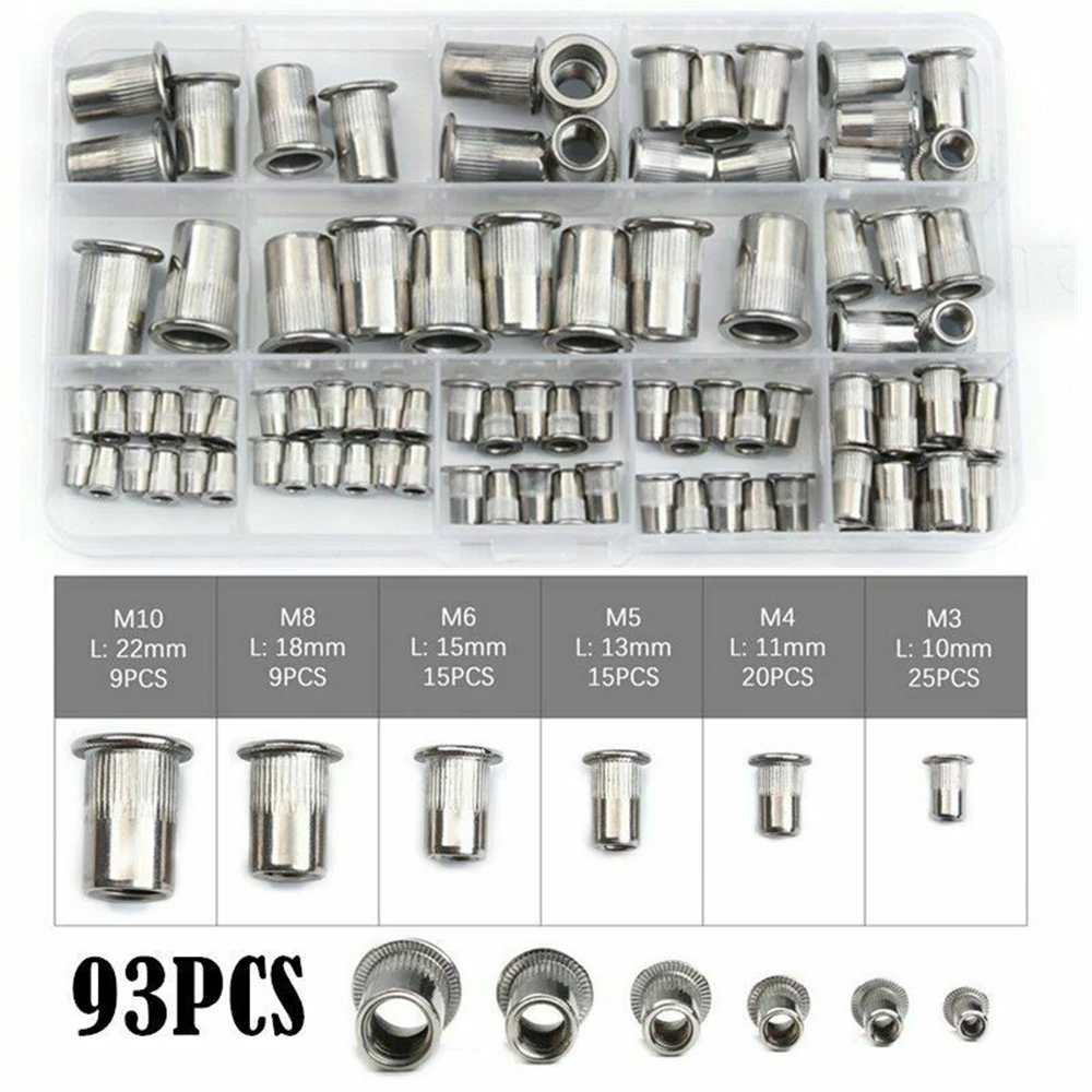 

93PCS 304 Stainless Steel Rivet Nuts Kit,M3 M4 M5 M6 M8 M10 Flat Head Threaded Rivet Insert Rivet Nut,Threaded Rivets Nuts Kit