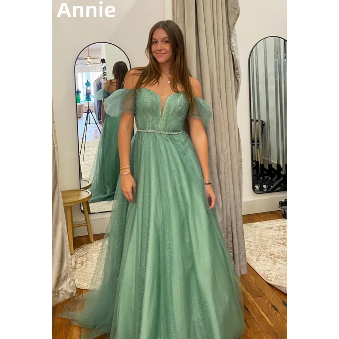 Annie Glitter Prom Vestidos com mangas Puff, Tule verde, Vestido de noiva, Espartilho A-line, Vestido de coquetel