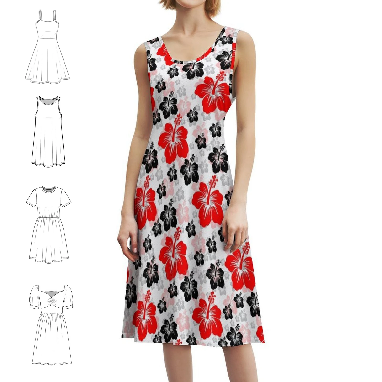 أحمر أسود مجردة الأزهار سطح نمط مثير عطلة فستان للنساء شاطئ حفلة عيد ميلاد فستان قصير زهرة سوداء حمراء #1