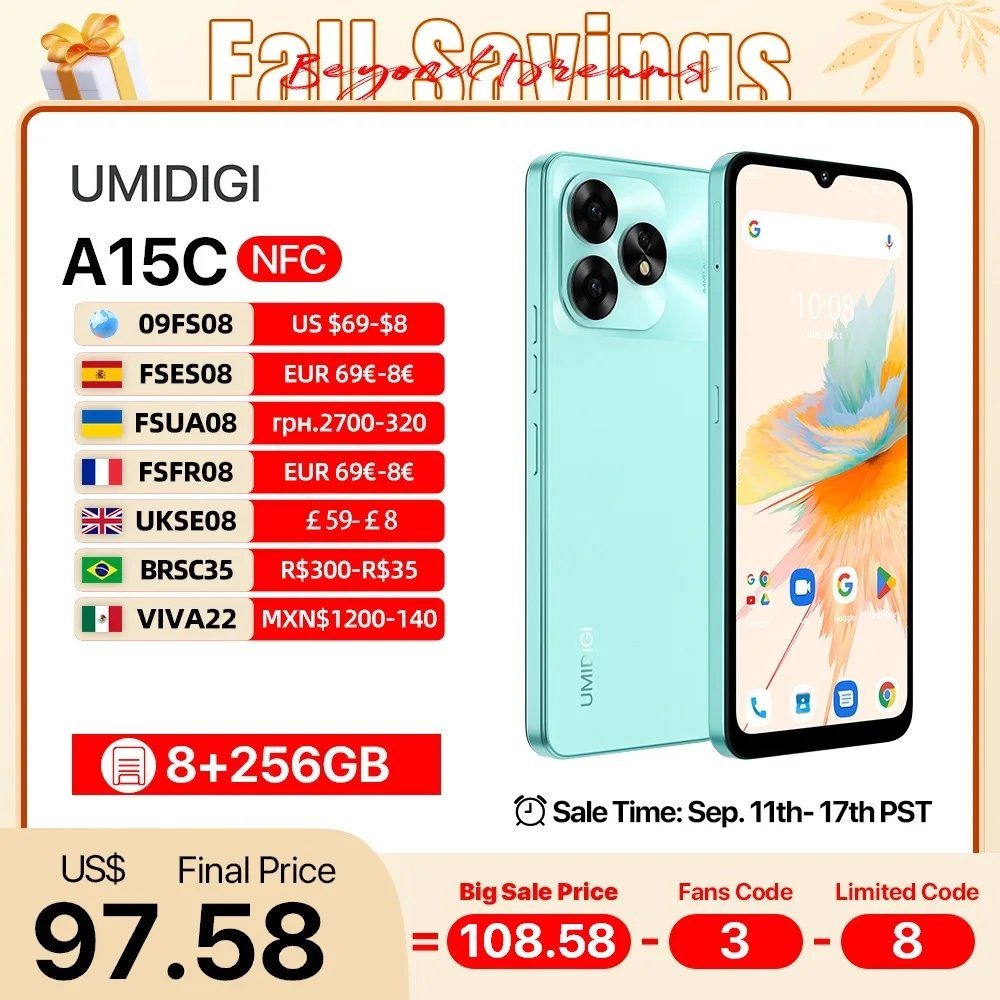 Смартфон UMIDIGI A15, A15C NFC Android 13, 6,7 дюйма FHD + экран, 8 ГБ, 256 ГБ, камера 64 МП, мобильный телефон с быстрой зарядкой 5000 мАч, 20 Вт