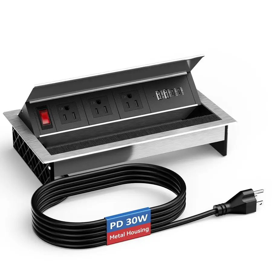 

Conference Table Power Hub with 4 USB Ports,3AC TR Outlets, PD 30W USBC PD Fast Charging, Metal Housing Flush Mounted for Desks,