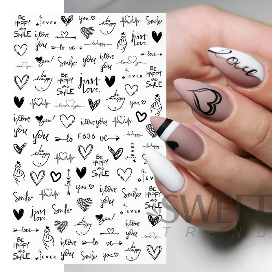 3D Valentines Lover Stickers For Manicure Cute Cartoon Romantic Letter Black Simple Line Girl Heart DIY Decoration Decals LYF106