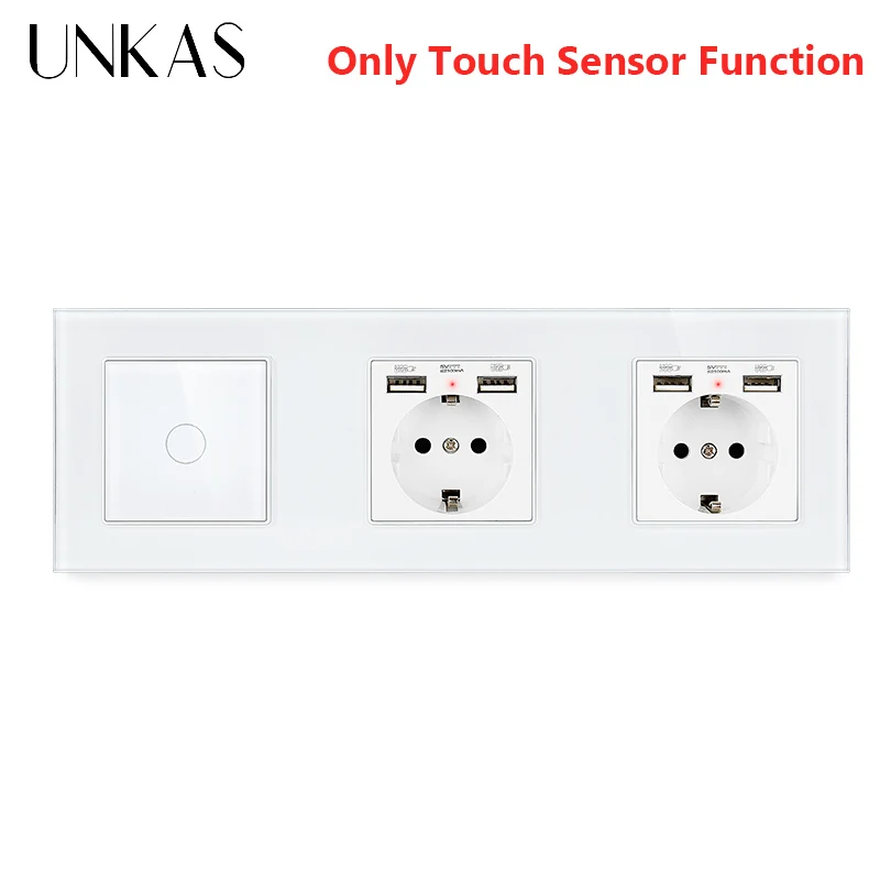 UNKAS White EU Sockets And Only Touch Switches With Crystal Glass Panel Home Improvement Push Button Switch