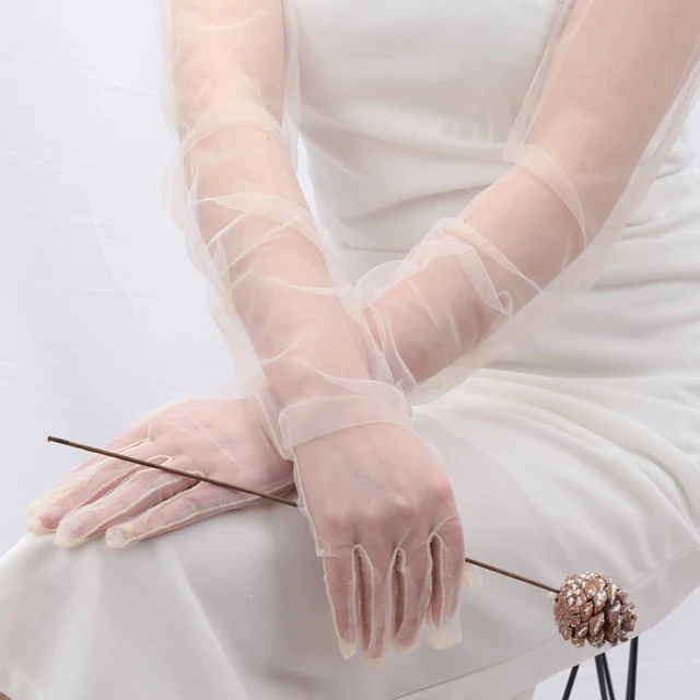 Black White Long Sheer Tulle Gloves Ultrathin Breathable Elastic Mittens Mesh Elbow Wedding Bride Fishnet Gloves Drive Sunscreen 5