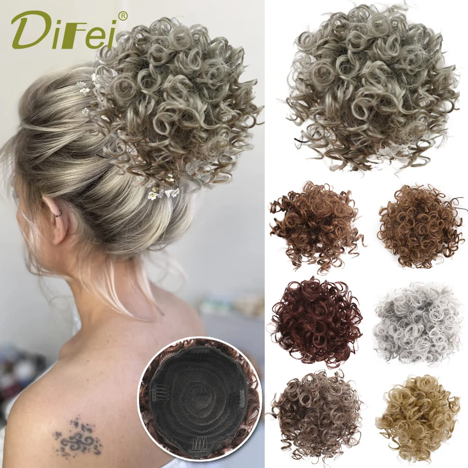 DIFEI Messy Chignon Synthetic Wig Female Fluffy Daily Curly Hair Bun Rope Fluffy Messy Contraction Elastic Net Rope Chignon Wig