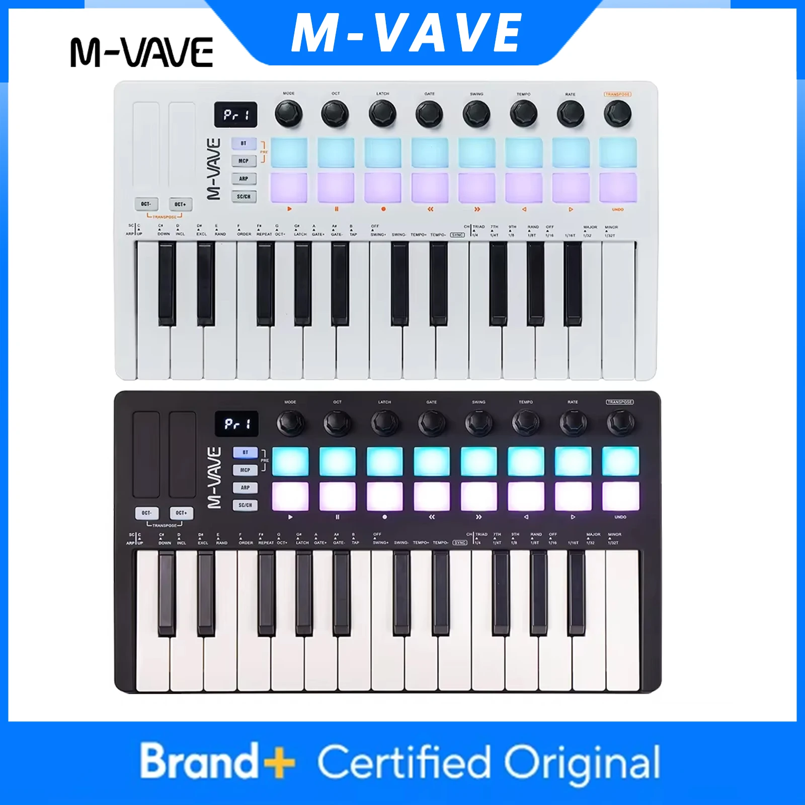 

M-VAVE SMK-Ⅱ 25-клавишный MIDI-контроллер с 16 RGB-пэдами, Bluetooth, полувзвешенная профессиональная динамическая клавиатура