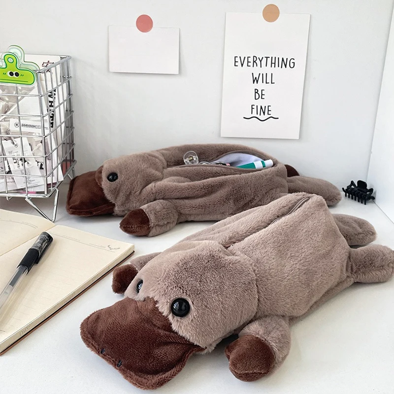 1Pc Cartoon Platypus Pencil Bag Plush Large Capacity Multifunctional Storage Bag Student Learning Supplies School Stationery