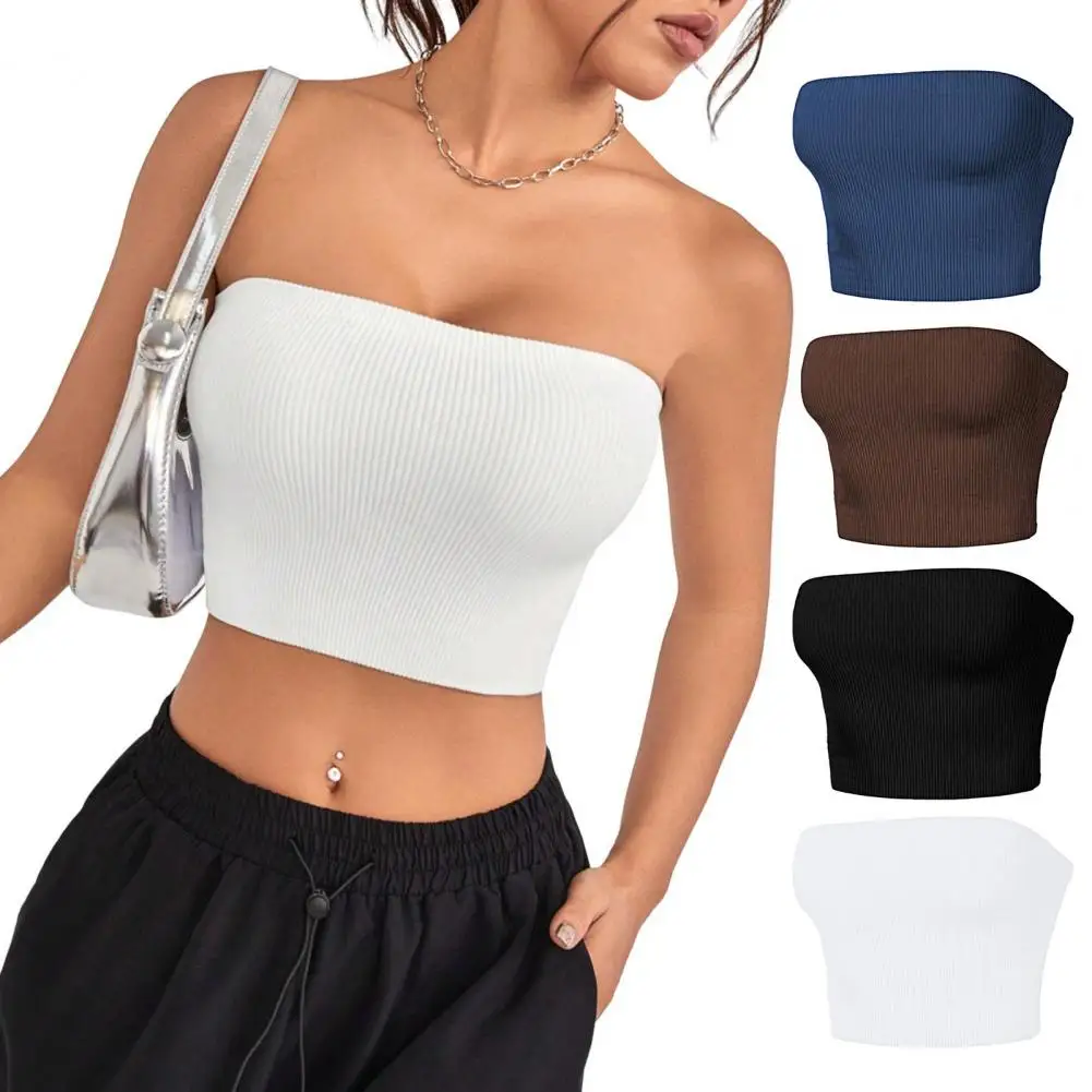 Quick-drying Cropped Top Women Ribbed Vest Anti-slip Bandeau Strapless Sleeveless Backless Tank Top Sweat Absorption Tank Top