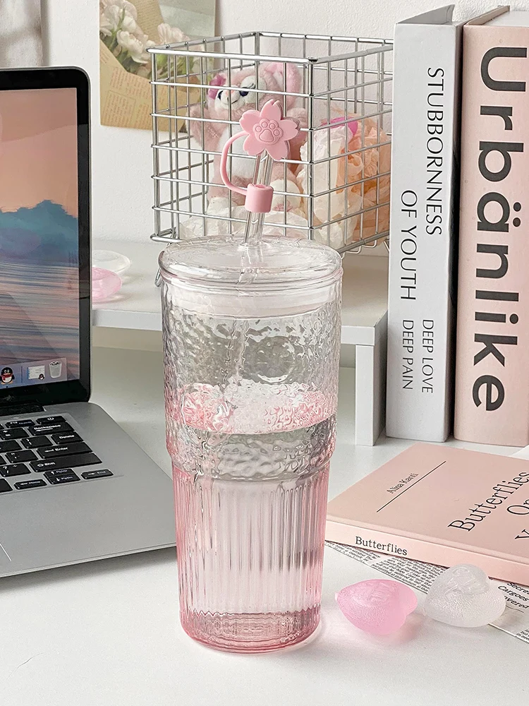 600ml Large Capacity Gradient Powder Glass Straw Cup With Lid Glass Drinking Cup Summer Women's Cold Drink Juice Cup