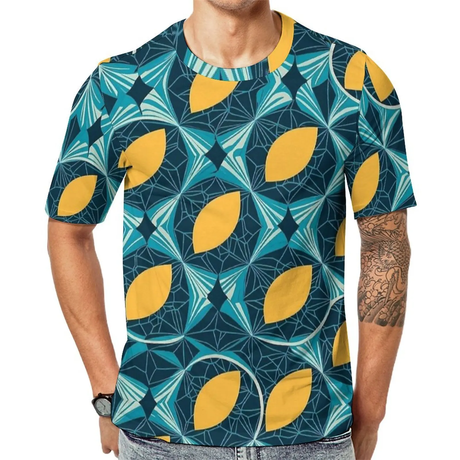 Teal Lemon Geo Print T-Shirt  Vintage T Shirts Man Kawaii Tee Shirt Premium Short Sleeve Design Tees Plus Size 6XL