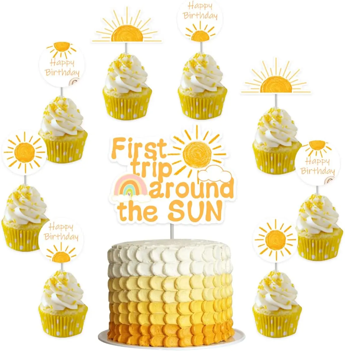 Funmemoir First Trip Around The Sun Cake Topper Sunshine Cupcake Toppers Sun 1st Birthday Party Cake Decorations for Boys Girls