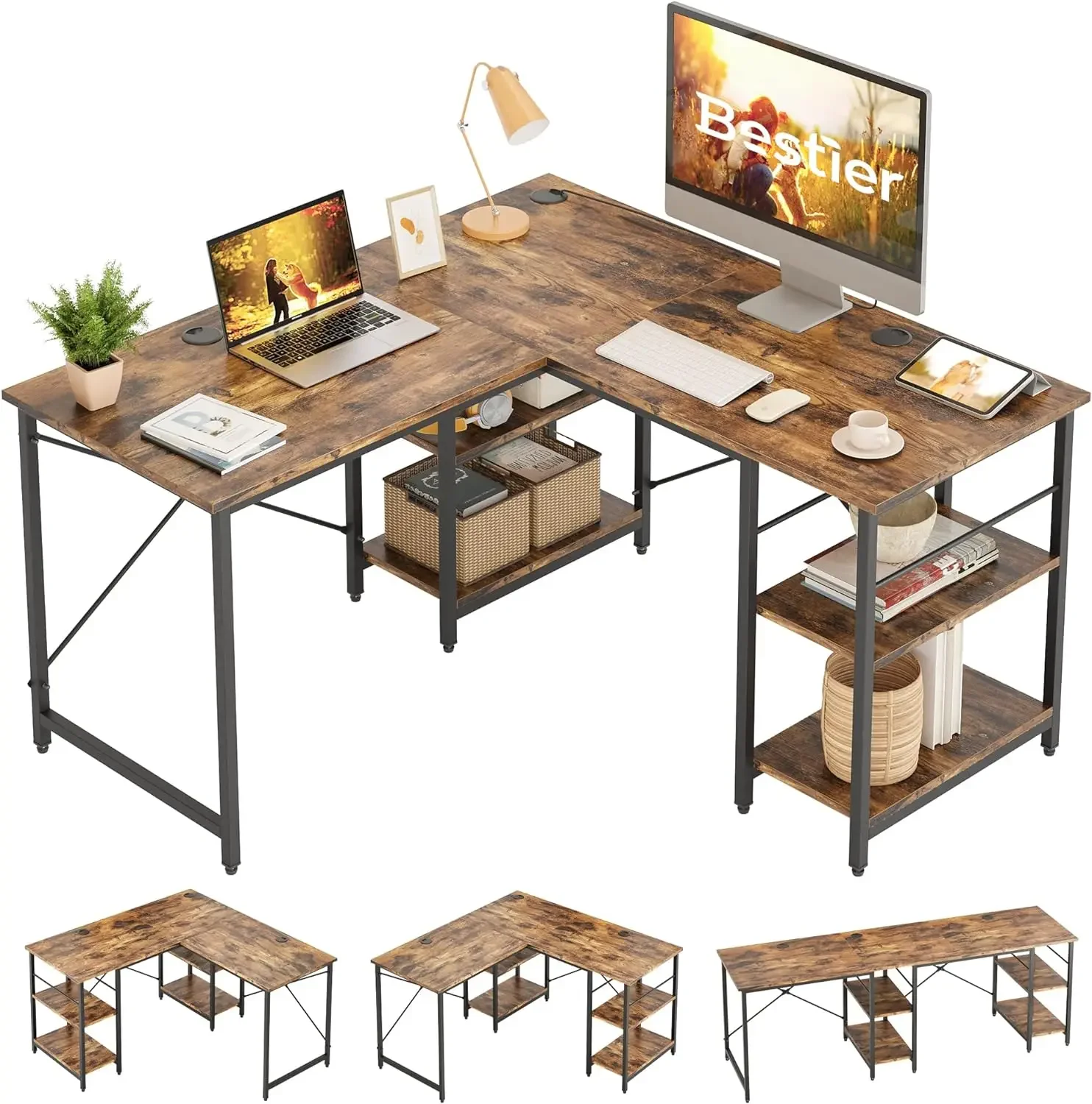 

Shaped Desk with Shelves 86.6 Inch Reversible Corner Computer Desk or 2 Person Long Table for Home Office Large Gaming Writing