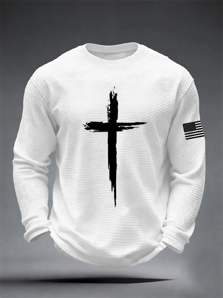 New Fall Men's Long-Sleeve Loose-Fitting Comfortable Sports And Casual Style Cross-Patterned Round-Neck Long-Sleeve T-Shirt view 5