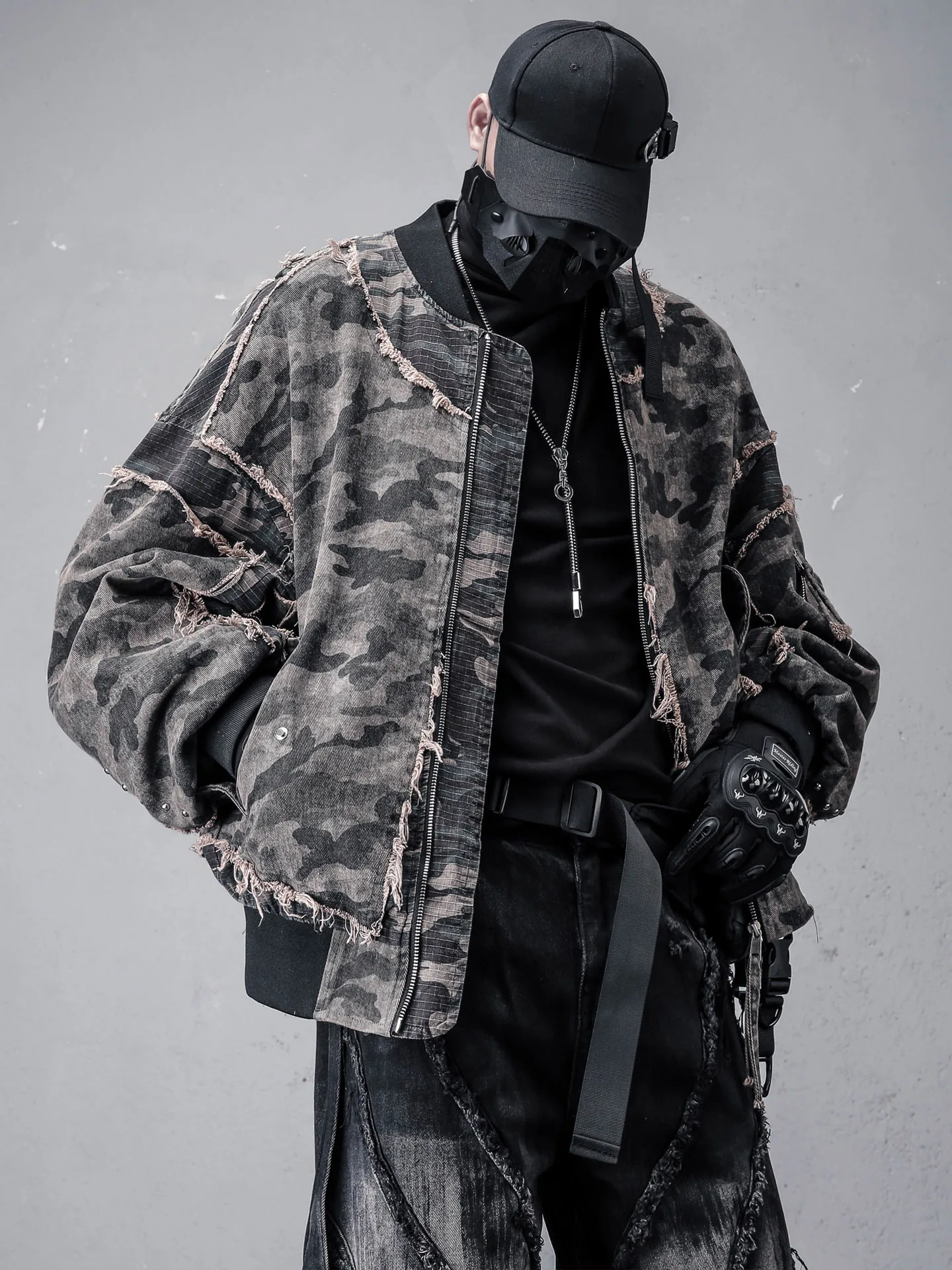 

Waste Soil Style American Retro Heavy Industry Irregular Hem Stitching Jacket Men's Spring Function Camouflage Coat