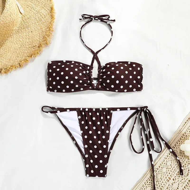 Dots Print Mini Swimwear Bikini Swimsuit Women's Halter Tube Top Bandage Thong Bikini Set Push Up Sexy Bathing Suits for Women