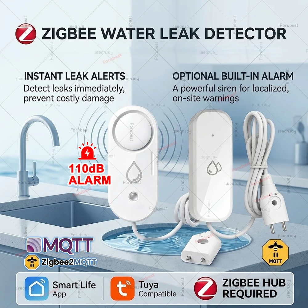 

Zigbee Smart Water Sensor Flood Leak Detector Remote Monitoring for Kitchen/Bathroom For Tuya Home Assistant Zigbee2mqtt Gateway