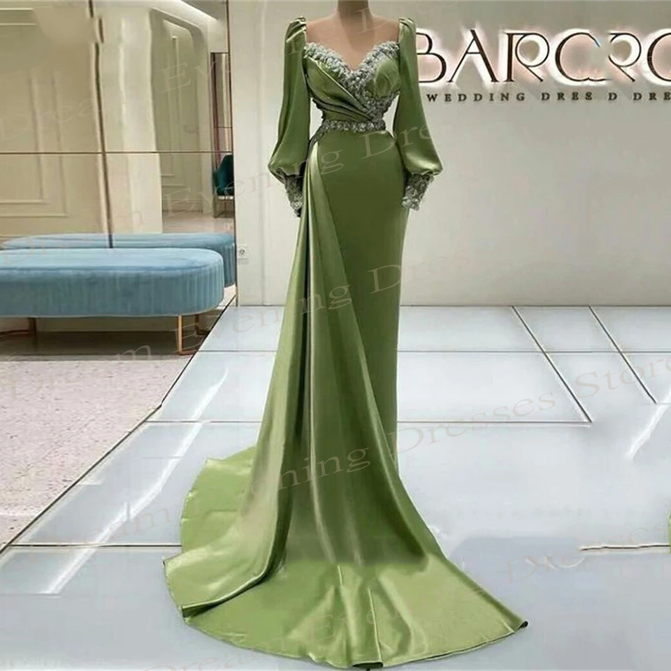 Fashionable Classic Green Women's Mermaid Generous Evening Dresses Appliques Prom Gowns Long Sleeve Pleated Vestidos De Noite