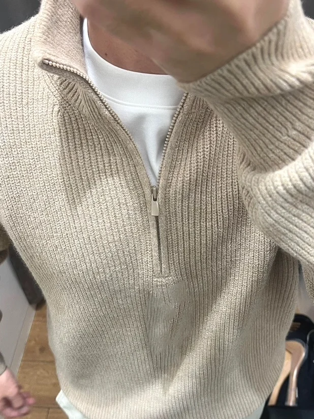 American Style Half Zip Knitted Sweater Men's mid High Collar Core Yarn Long Sleeve Sweatshirt Striped Sweater Cover up Jacket