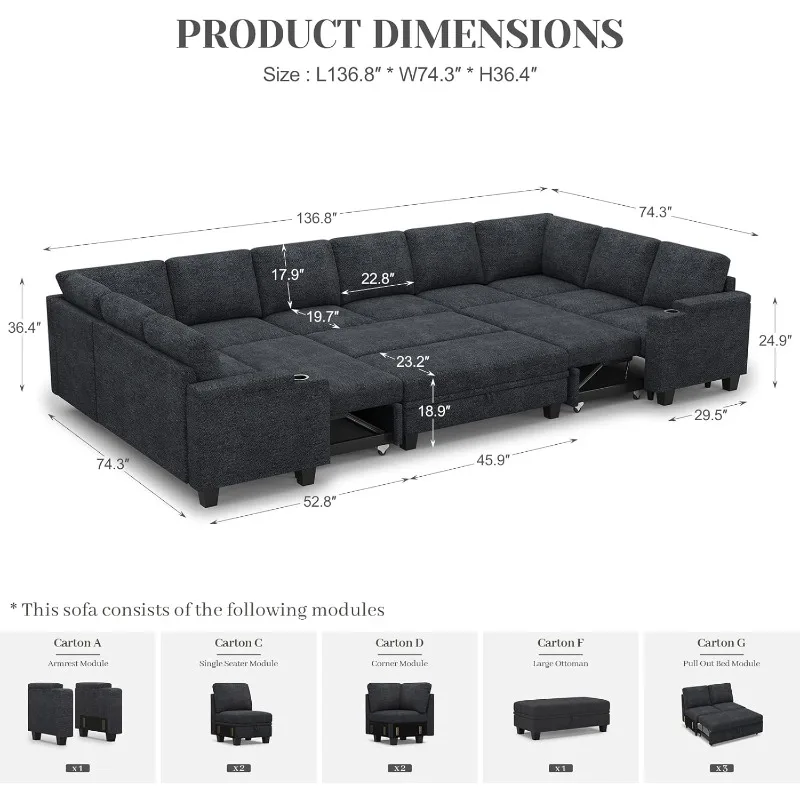 Large Modular Sectional Sleeper Sofa with Pull Out Bed Oversized U Shaped Sectional Couches for Living Room. Dark Gery C