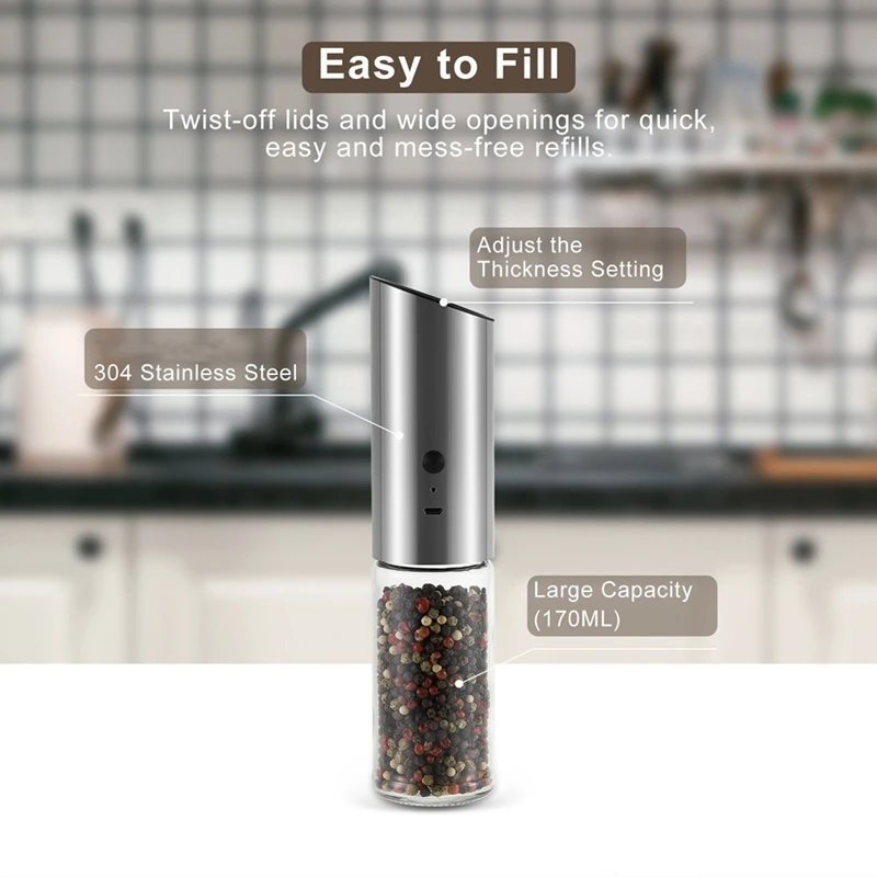 Pepper Mill Electric Salt Pepper Grinder USB Rechargeable One-Handed Operation Adjustable Salt Peppercorn Shakers