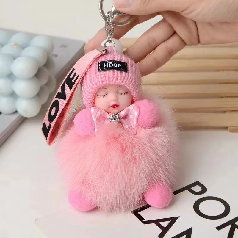 Cute Fluffy Plush Doll Keychains Lovely Pompom Sleeping Baby Keychain Girl Bags Keyrings Cars Key Ring Gift Charming Decoration