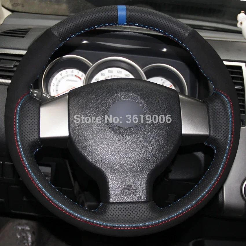 For Old Nissan Tiida Livina Sylphy Note Hand-stitched Anti-Slip Black Leather Black Suede Blue Marker DIY Steering Wheel Cover