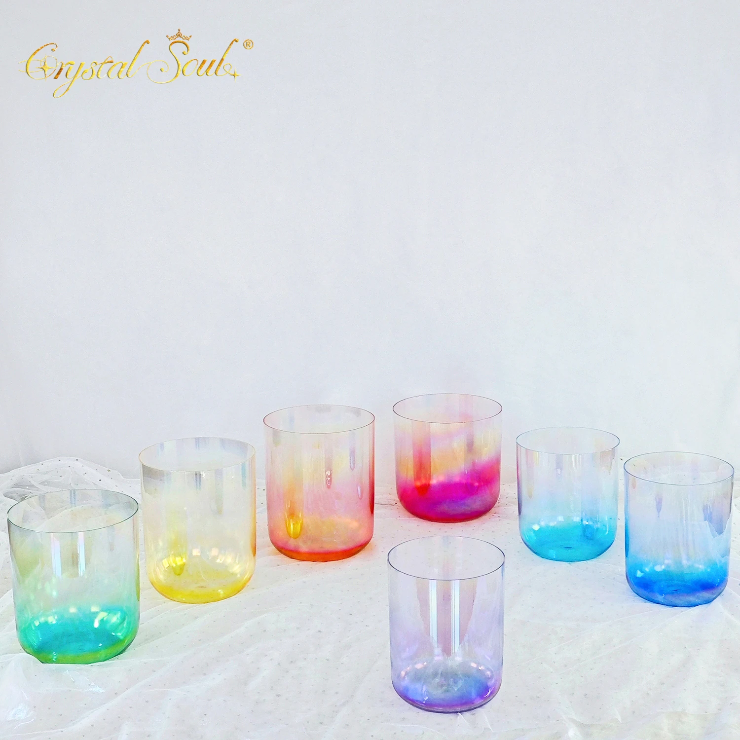 CrystalSoul iridescent 432Hz 7-8.5inch Alchemy Clear Quartz Crystal Singing Bowls Set with bag and accessories