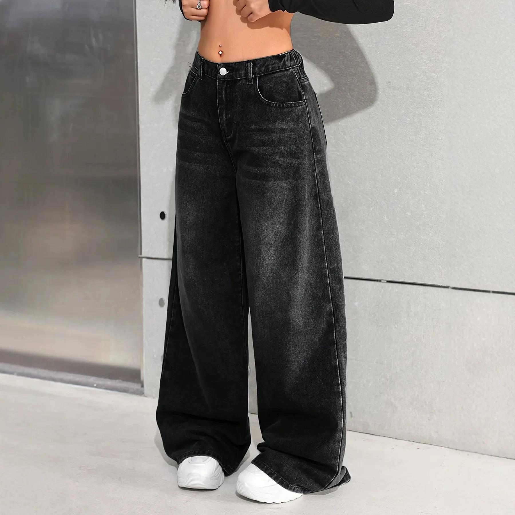 American High Street Women's Loose Baggy Denim Jeans Slant Pocket Casual Wear Trendy Retro Street Style Pants Straight Leg Pants