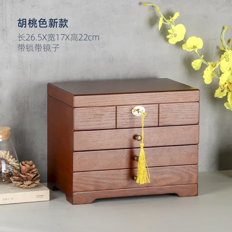 

High-end princess jewelry box, ring box, solid wood with lock, mirror earrings, jewelry, dresser storage box, large.