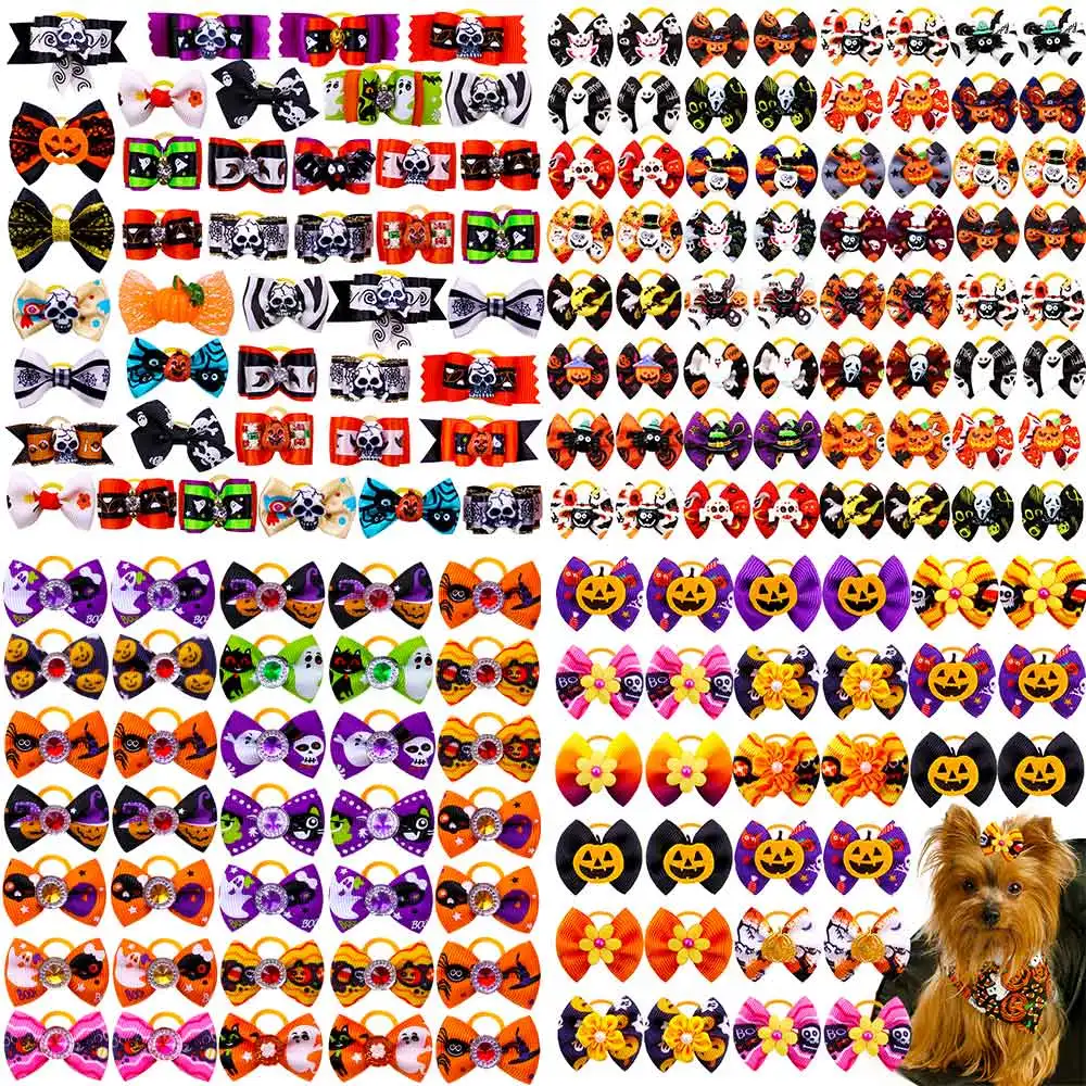 

50/100PCS Fashion Dog Bows For Halloween Party Puppy Bowknots Skull Pumpkin Ghost Accessories Pet Hair Supplies For Dogs Bulk