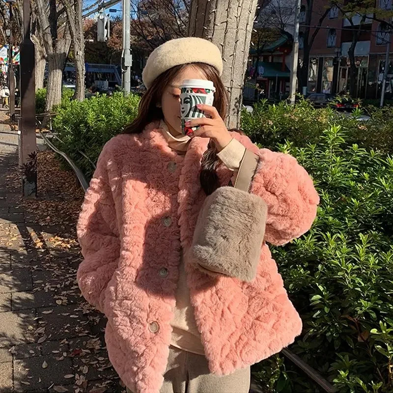 2023 New Winter Small Fragrance Wind Korean Version Lmitation Rex Rabbit Fur Grass Coat Women's Short Thickened Warm Plush Coat