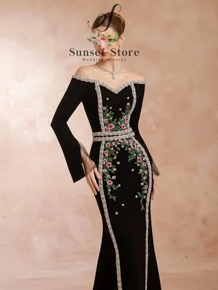 Customized Black Off The Shoulder Mermaid Evening Gown Floral Embroidery Rhinestone Wedding Guest Outfit Long Flare Mesh Sleeve