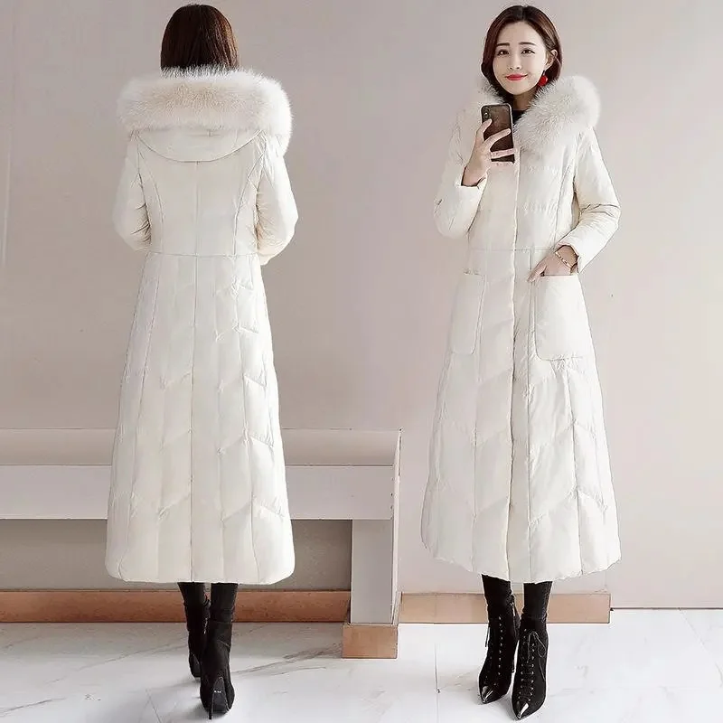 Down Cotton Jacket Women's Long 2023 Winter Outfit Slimming Down Looking Slimmer Over the Knee Large Wool Collar Cotton Jacket