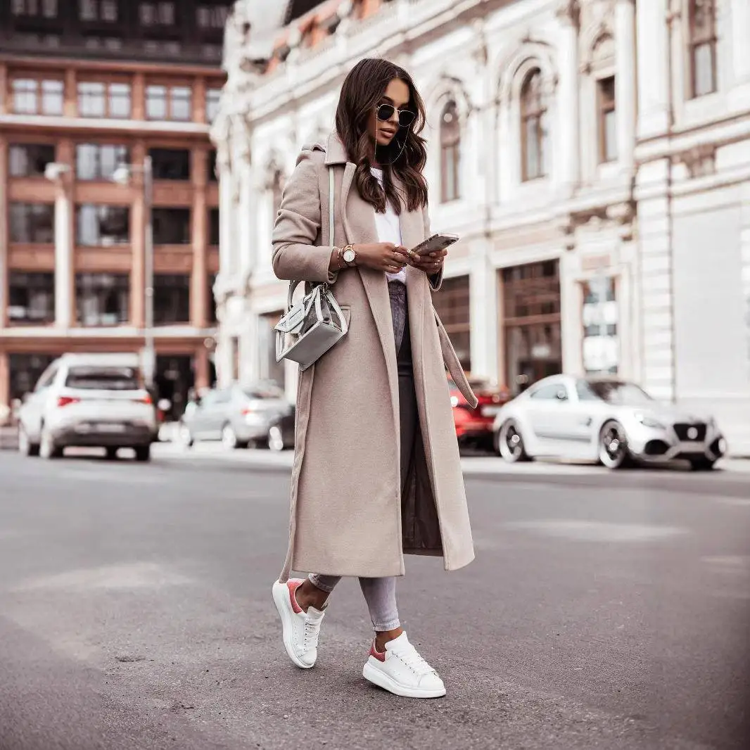 秋冬レディースカジュアルロングスリーブVネックベルト付きウールコート無地クロスボーダーファッションレディース新作