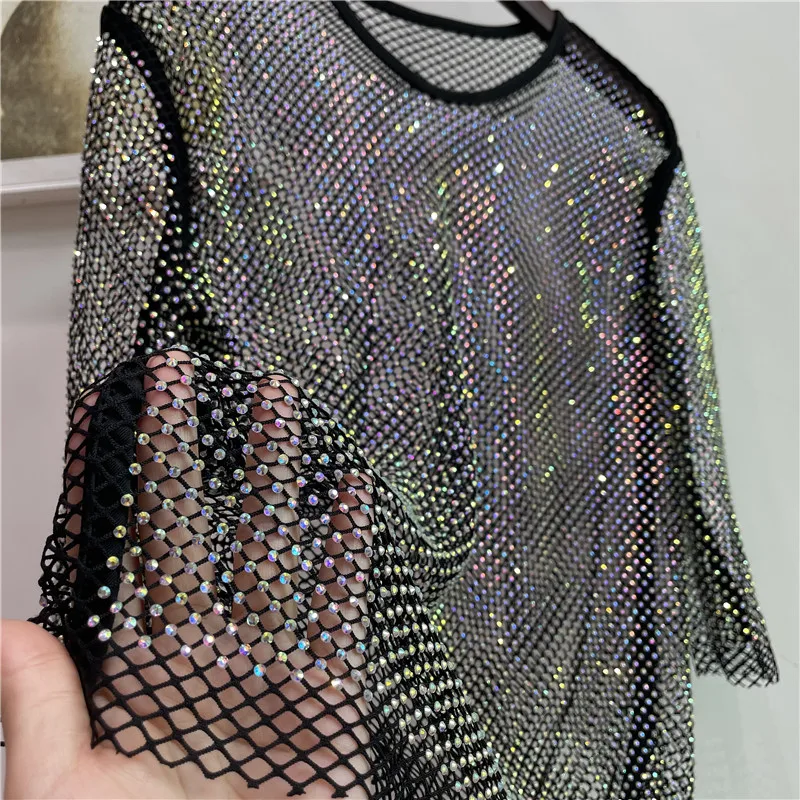 Color Shiny Diamonds  Electric syllable  Basic Shirt Ladies Temperament Slim Crystal round Neck half-Sleeved Sexy Party Club Top