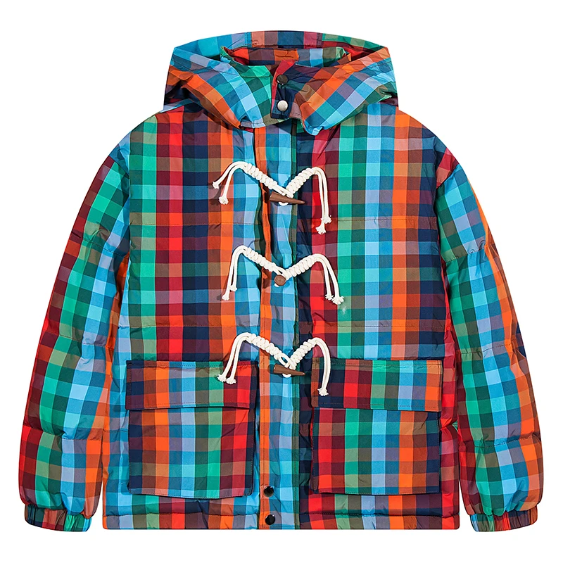 الشارع الشهير الملونة منقوشة مقنعين سترة منتفخة مع حبل تبديل إغلاق معطف الشتاء الدافئ متقلب ملابس خارجية الرجال النساء للجنسين