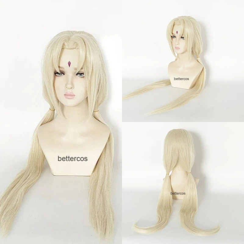 Anime Tsunade Cosplay Perruque pour Femme, Cheveux Blonds Longs et Lisses, Perruques de ix, Bonnet, Degré de Chaleur, 100cm