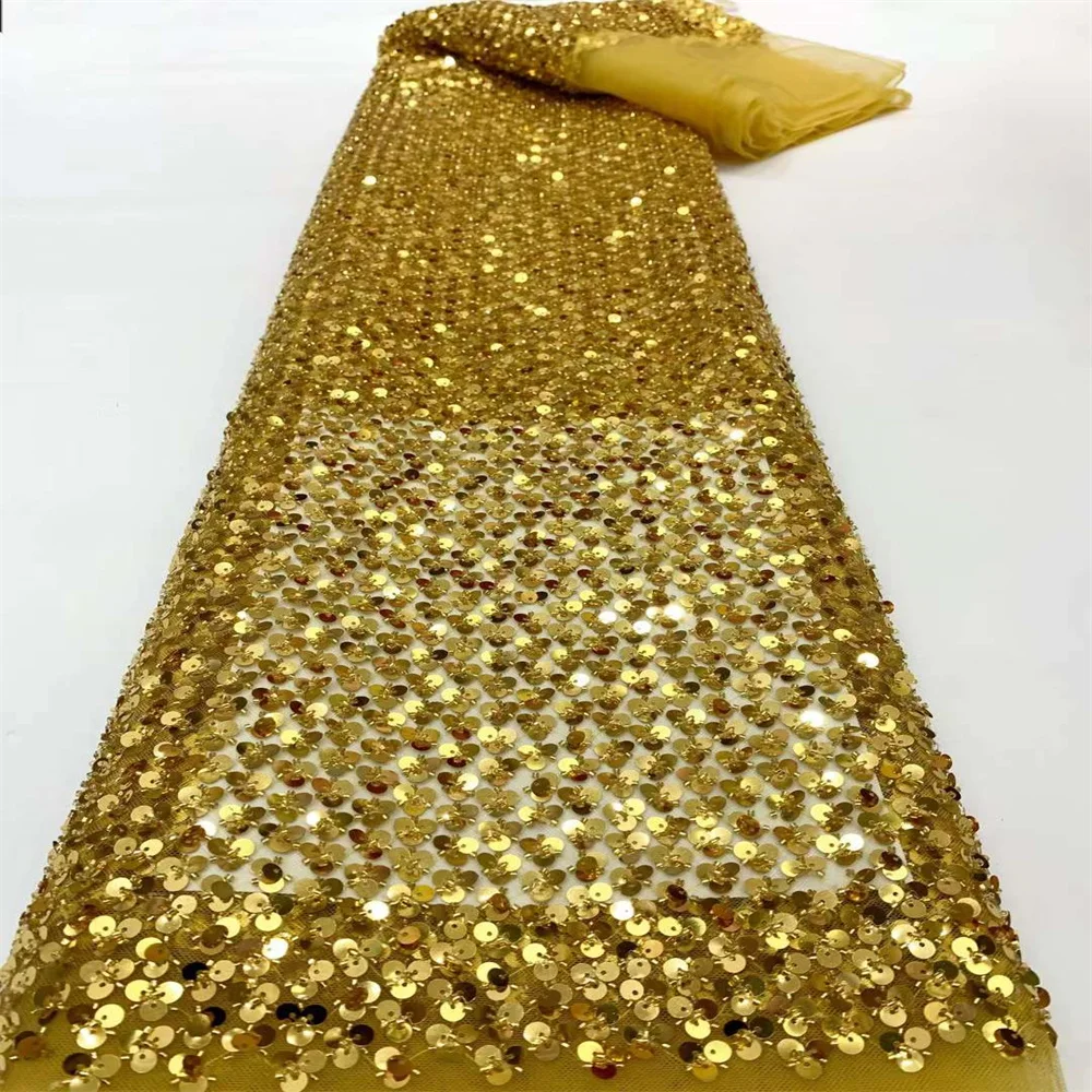 Tecido de renda lantejoulas africano Material frisado Tecidos de luxo para vestido de casamento Vestido de casamento nigeriano Alta qualidade, 5 jardas, 2024