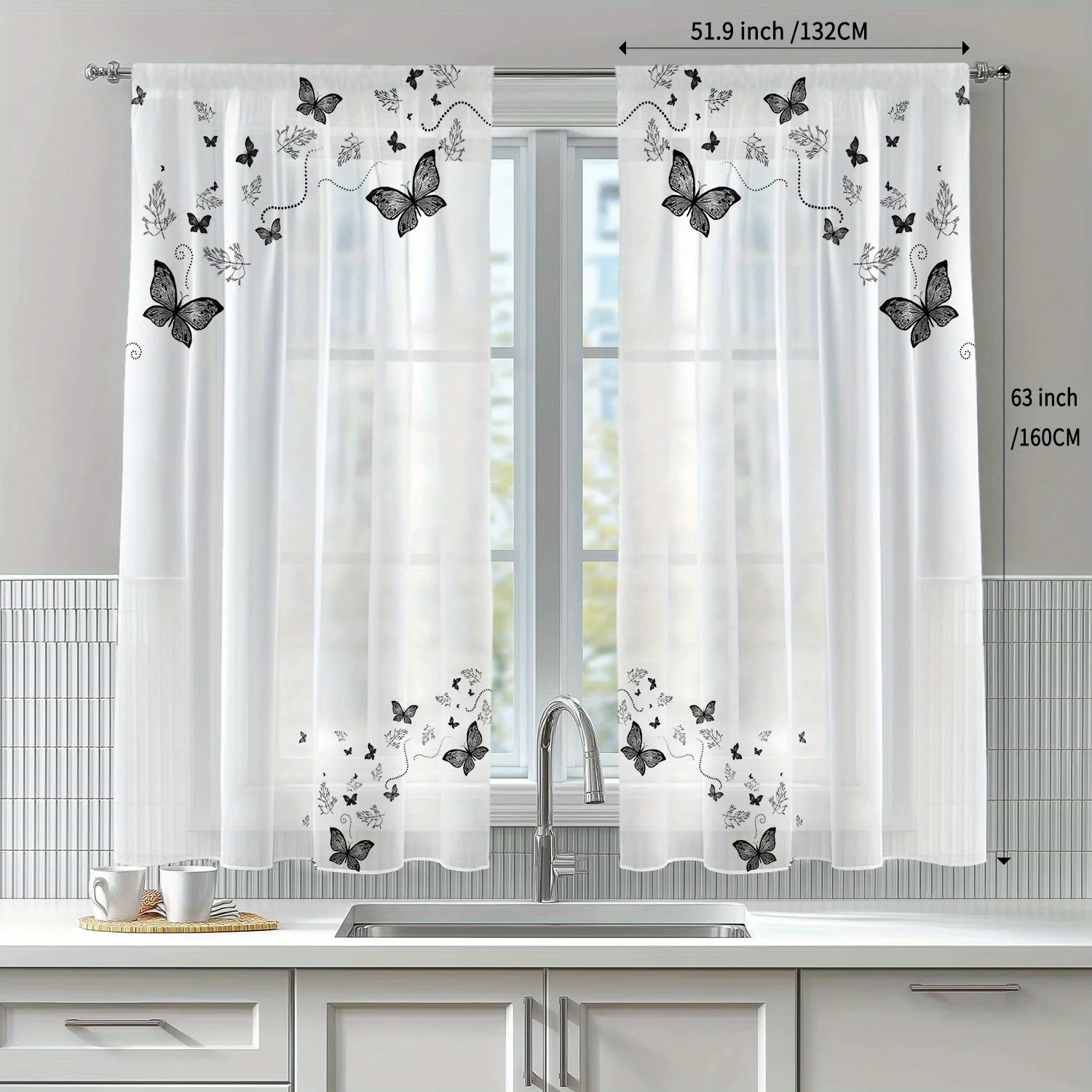 2PCS Pink Flower Green Vine Transparent Curtain Set Filter Breathable Privacy Rod Style for Living Room Bedroom Kitchen