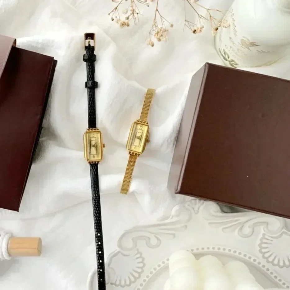 2024 New Women's Quartz Watch Gold Case Luxury Temperament Vintage Elegant Bracelet Real Belt Japanese Movement Gift for Lovers